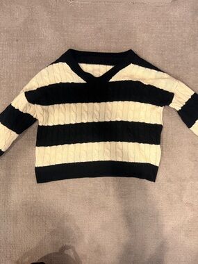 Striped Cable-Knit V-Neck Sweater in Black and Cream